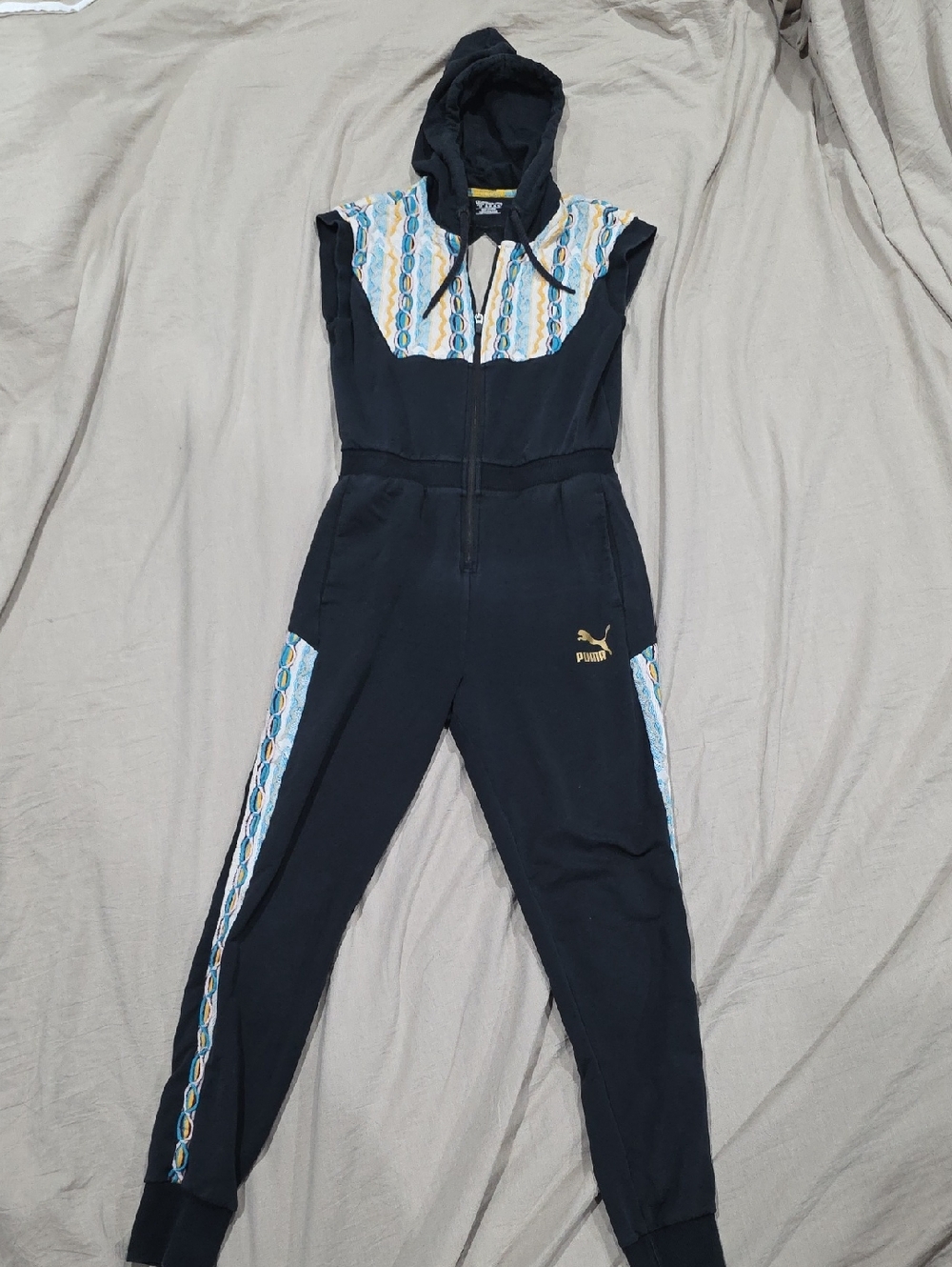 Puma Black Hooded Jumpsuit with Blue & Cream Accent Panels